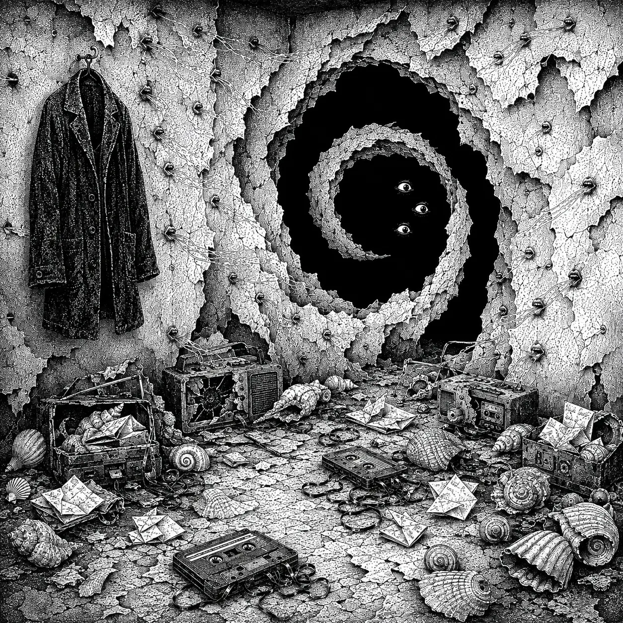 Three eyes disappearing into a spiral
