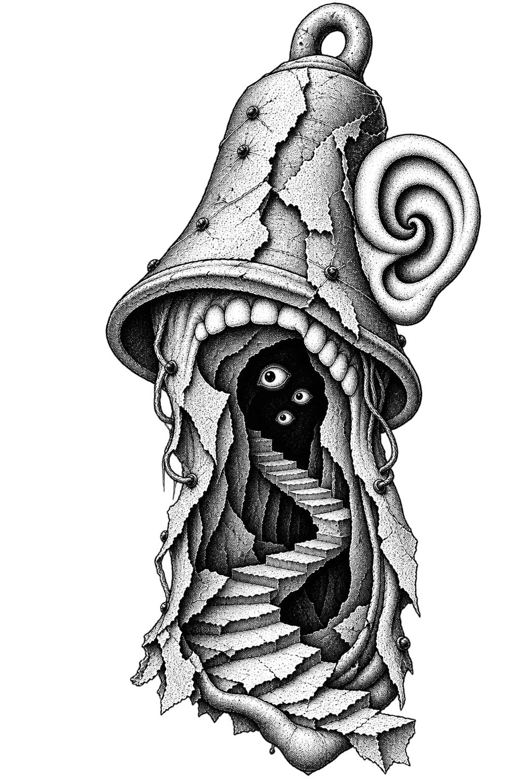 An inverted bell portal watched by three eyes